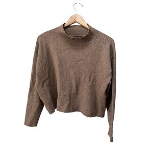 Quince Women Mock Turtleneck Cropped Sweater Heather Brown Medium Minimalist